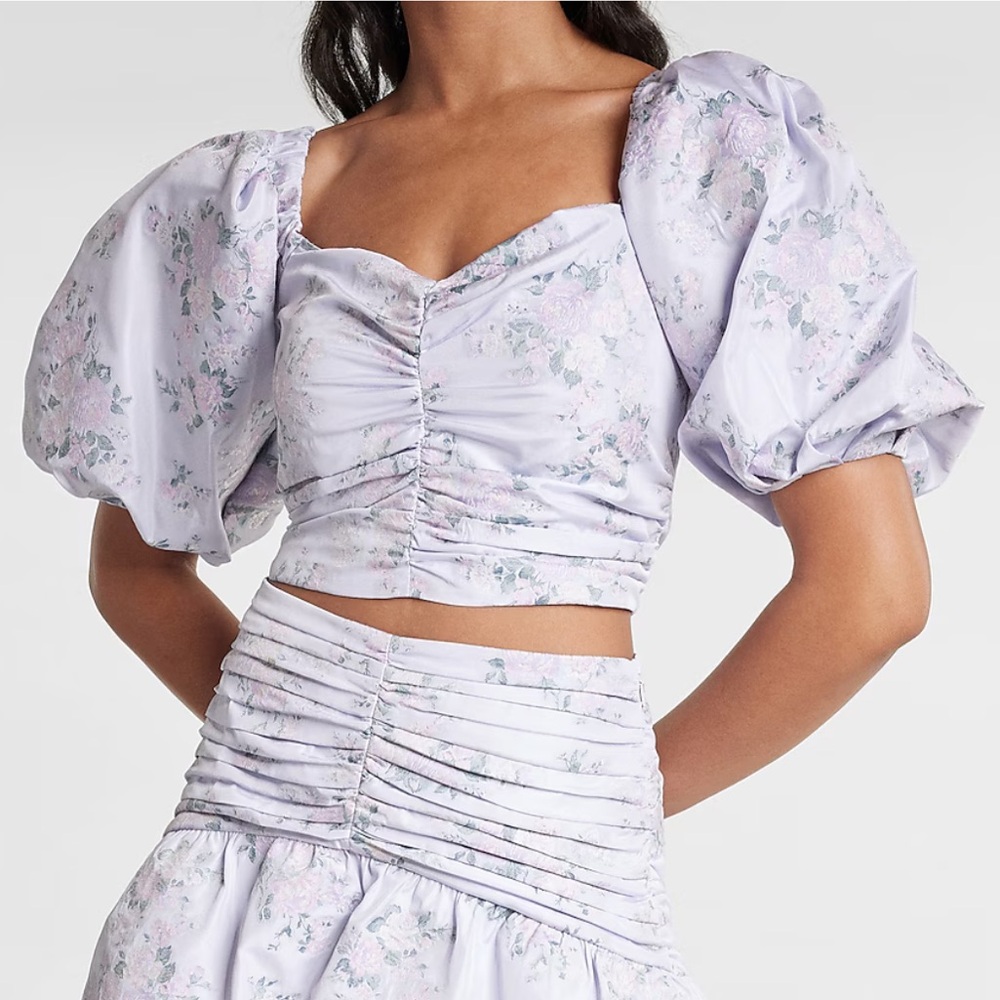 Express | Floral‎ Puff Sleeve Ruched Crop Blouse Sweetheart Neck Lavender Purple